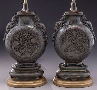 Pr. Chinese Qing carved Zitan and mixed wood moon flask vases,