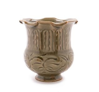 A Chinese Yaozhouyao Carved Celadon Glazed Porcelain Floriform Vessel
Height 4 3/4 in., 12 cm.