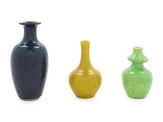 Three Chinese Monochrome Glazed Porcelain Miniature Bottles
Largest: height 4 1/4 in., 11 cm.