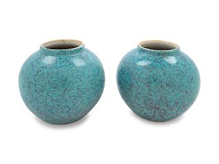 A Pair of Chinese Robin's Egg Glazed Porcelain Water Droppers
Each: height 2 in., 5 cm.