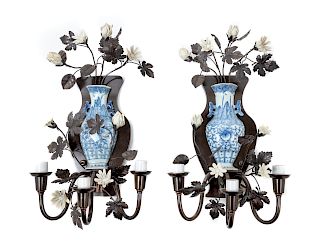 A Pair of Chinese Blue and White Porcelain Wall Vases 
Each: height 15 in., 38 cm.