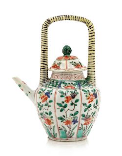 A Chinese Famille Verte Mallow-Shaped Porcelain Teapot and Cover 
Height 7 1/8 in., 18 cm.