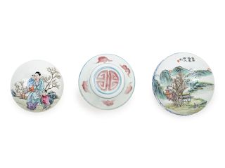 Three Chinese Porcelain Seal Paste Boxes and Covers
Largest: diam 3 1/2 in., 9 cm. 