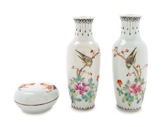 Three Famille Rose Porcelain Articles
Tallest: height 5 1/4 in., 13 cm. 