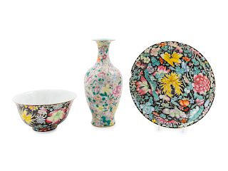 Three Chinese Famille Rose Porcelain 'Millefleur' Articles
Tallest: height 9 1/4 in, 23.5 cm.