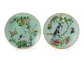 A Pair of Chinese Celadon Ground Famille Rose Porcelain Plates
Each: diam 7 3/4 in., 20 cm. 