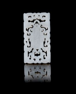 A Chinese White Jade Rectangular Pendant
Height 2 5/8 in., 7 cm.