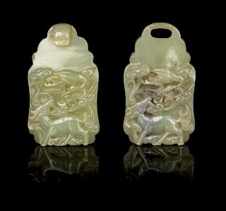 A Chinese Celadon Jade Two-Part Belt Buckle
Each: height 3 in., 7.5 cm.