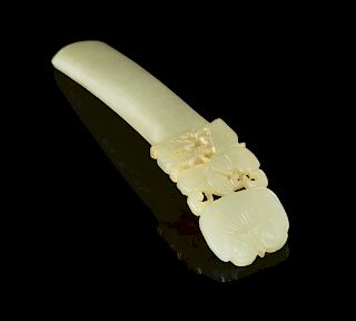A Chinese Pale Celadon Hairpin, Bianzan 
Length 4 1/4 in., 11 cm. 