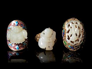 Three Chinese Jade Inset Enameled Silver Rings
Largest inset: length 1 1/4 in., 3.2 cm.