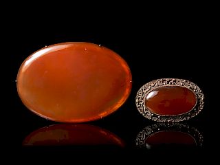 Two Chinese Agate Inset Silver Brooches
Larger: width 3 in., 7.6 cm. 