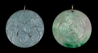 Two Chinese Apple Green and Celadon Jadeite Circular Pendants
Larger: diam 3 in., 8 cm. 