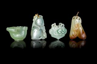 Four Chinese Jadeite and Serpentine Articles
Largest: 2 5/8 in., 7 cm.