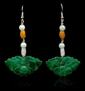 A Pair of Chinese Spinach Jade Butterfly-Form Earrings
Pendant: width 1 1/2 in., 4 cm.