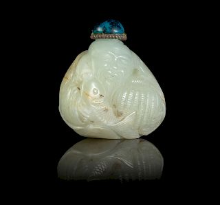 A Chinese Carved White Jade 'Figural' Snuff Bottle
Height 2 in., 15 cm. 
