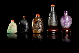 Five Chinese Hardstone Snuff Bottles
Largest: height 2 3/4 in., 7 cm.
