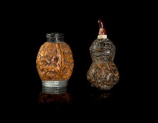 Two Chinese Carved Walnut Snuff Bottles