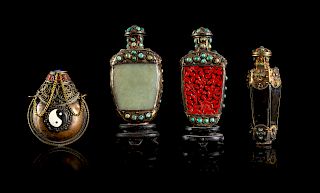 Four Mongolian Silver Mounted Snuff Bottles
Largest: height 4 1/8 in., 10 cm. 