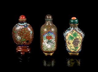 Three Chinese Cloisonne Enamel Snuff Bottles
Largest: height 2 3/4 in., 7 cm. 