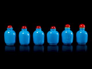 Six Chinese Blue Glass Snuff Bottles
Tallest: height 2 3/8 in., 6 cm.