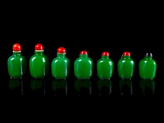 Seven Chinese Green Glass Snuff Bottles
Tallest: height 2 1/2 in., 6 cm. 