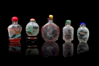 Five Chinese Inside Painted Glass Snuff Bottles
Largest: height 3 in., 7.6 cm.