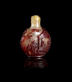 A Chinese Red Overlay Snowflake Ground Glass Snuff Bottle
Height 2 3/8 in., 6 cm. 