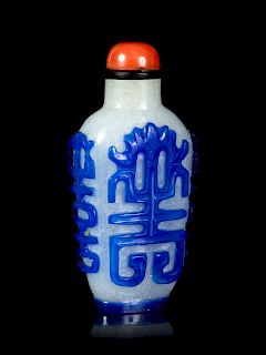 A Chinese Blue Overlay 'Snowflake' Ground Glass Snuff Bottle Height 2 1/2 in., 6 cm.