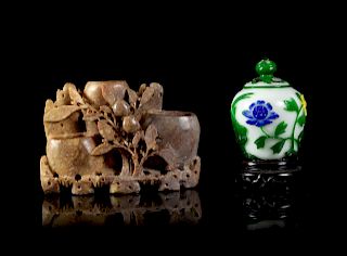 A Chinese Peking Glass Jar and a Soapstone Brush Pot
Larger: height 4 1/8 x length 5 3/4 in., 10 x 15 cm.  
