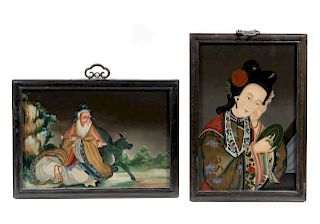 Two Chinese Reverse Glass Paintings
Each image: 19 1/4 height x 13 width inches, 49 x 33 cm. 