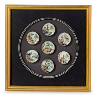 A Set of Seven Chinese Canton Enamel on Copper Snuff Dishes
Each: diam 1 3/4 in., 4 cm. 