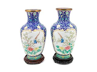 A Pair of Chinese Canton Enamel on Copper Vases 
Height 13 1/4 in., 34 cm.