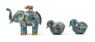 Three Chinese Cloisonne Enamel Animal-form Covered Vessels
Tallest: height 6 1/2 in., 17 cm. 