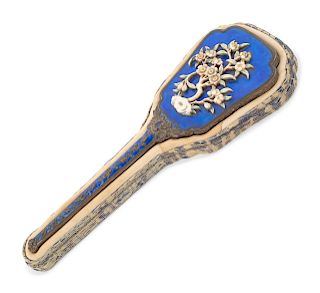A Chinese Bone Inset Blue Enameled Metal Hand Mirror
Length 13 1/2 in., 34.3 cm. 