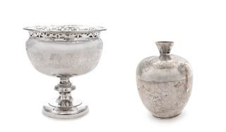 Two Chinese Export Silver Wares
Tea caddy: height 4 x diameter 3 in., 10 x 8 cm, 5.5 cwts. Stem bowl: height 4 1/2 height x diameter 4 3/8 in., 11.5 x