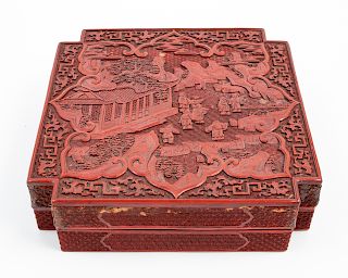 A Large Chinese Cinnabar Lacquer Square Box and Cover
Length 10 5/8 in., 27 cm.