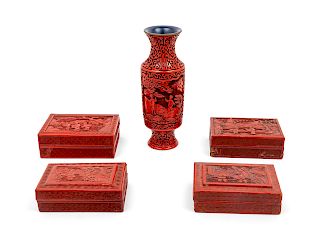 Five Carved Red Lacquer Articles
Tallest: height 9 1/2 in., 24 cm.