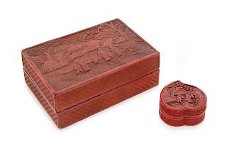 Two Chinese Cinnabar Lacquer Covered Boxes 
Larger: length 10 in., 25 cm.