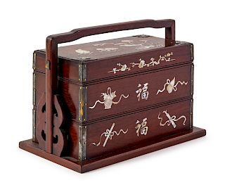 A Chinese Mother-of-Pearl Hardwood Picnic Box
Height 9 3/4 in., 25 cm.