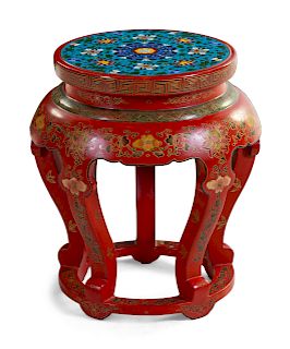 A Chinese Cloisonne Enamel Inset Tianqi and Red Lacquer Stool
Height 18 3/4 x diam 13 in., 48 x 33 cm.