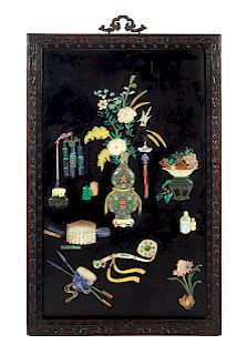A Chinese Hardstone Inset Black Lacquered Rosewood Wall Panel 
Height 43 x width 27 1/2 in., 109.2 x 69.9 cm. 