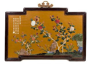 A Chinese Hardstone Inlaid Yellow Lacquered Wall Panel
Height 28 in., 71 cm. 