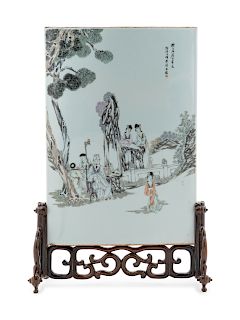 A Chinese Grisaille Decorated Porcelain Table Screen
Height overall 17 in., 43 in.