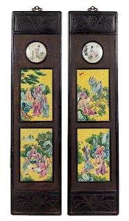 Two Chinese Famille Rose Porcelain Inset Hardwood Wall Panels
Each: length 16 1/4 x height 64 7/8 x width 1 1/8 in., 41 x 165 x 3 cm.