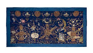A Large Chinese Embroidered Silk Wall Panel 
Height 36 x width 70 3/4 in., 91 x 180 cm.