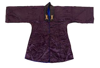 A Chinese Dark Brown Ground Silk Robe
Collar to hem: 39 1/2 in., 100 cm.