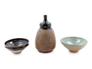 Three Japanese Glazed Pottery Articles
Tallest: height 10 in., 25 cm.