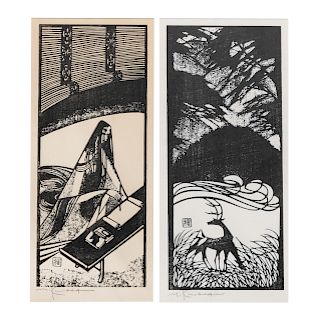 Two Japanese Woodblock Prints
Image: height 14 x 6 width in., 36 x 15 cm.