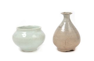 Two Korean Monochrome Glazed Porcelain Wares
Taller: height 5 1/4 in., 13 cm.