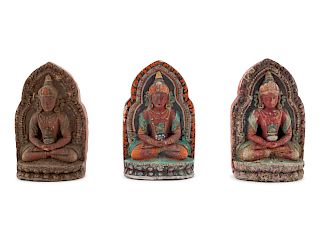 Eighteen Tibetan Painted Pottery Buddhist Votives
Each: height 4 1/4 in., 11 cm.